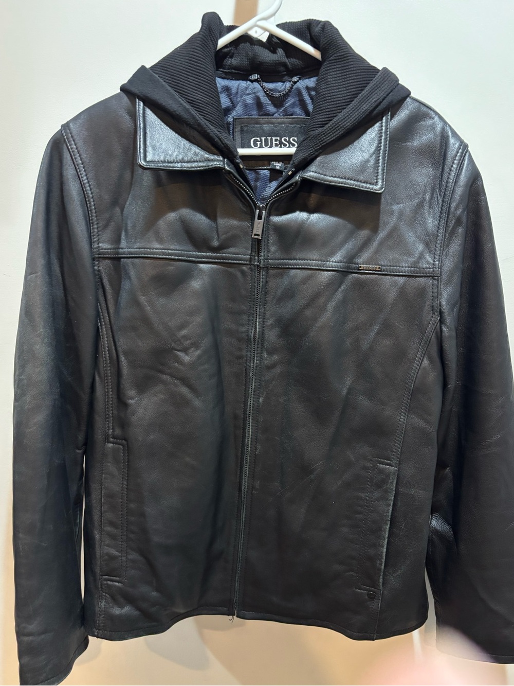 GUESS Black Leather Bomber Jacket with Hooded Trim size Medium vintage